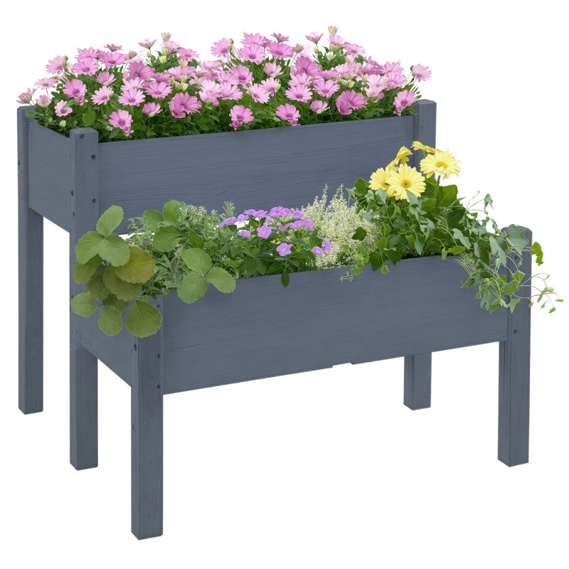 Outsunny 34"x34"x28" Raised Garden Bed 2-Tier Wooden Planter Box for Backyard, Patio to Grow Vegetables, Herbs and Flowers, Gray