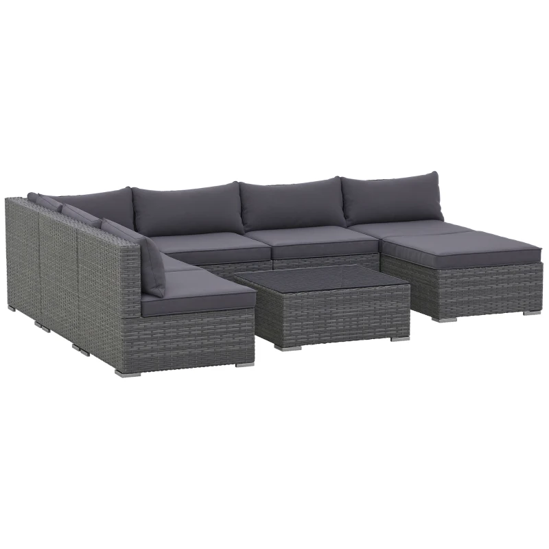 Outsunny Patio Furniture Set, 8 Pieces, Sectional Sofa, All Weather PE Rattan Conversation Set, Tempered Glass Table, 6 Seats, Ottoman Footstool, Cushions for Lawn, Backyard, Gray