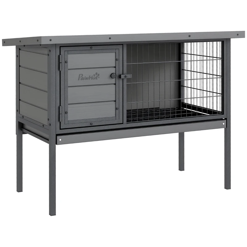 PawHut Wooden Rabbit Hutch Elevated with No Leak Tray, Openable Roof for Indoor/Outdoor, Gray