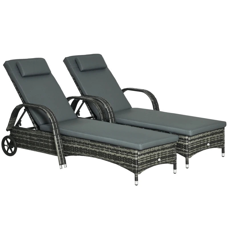 Outsunny 2 Piece Reclining Chaise Lounge Chairs, Outdoor Rattan Sun Longers with Cushion, Wheels for Poolside, Patio, Mixed Gray