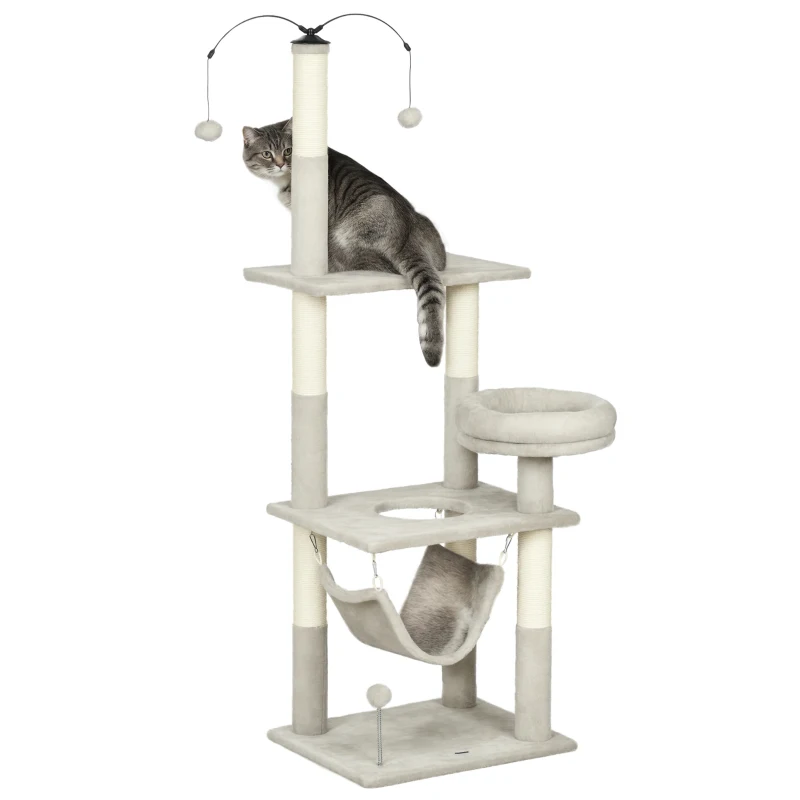 PawHut 57.5" Cat Tree for Indoor Cats with Scratching Posts, Cat Condo with Hammock, Bed, Toys, Grey