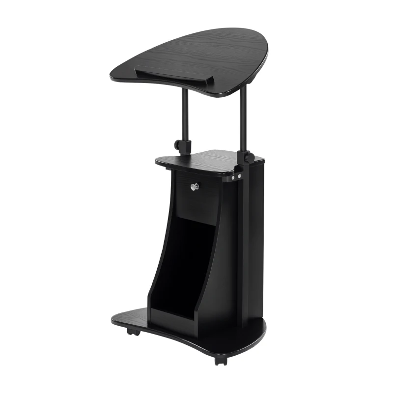 HOMCOM Mobile Laptop Cart, Sit-to-Stand Computer Desk with Drawer, Height Adjustable Rolling Podium Desk Stand with Swivel Top & Storage, Black