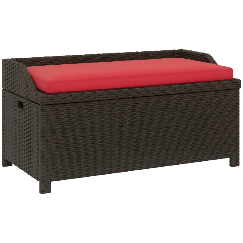 Outsunny Outdoor Wicker Storage Bench with Storage & Cushion, Red
