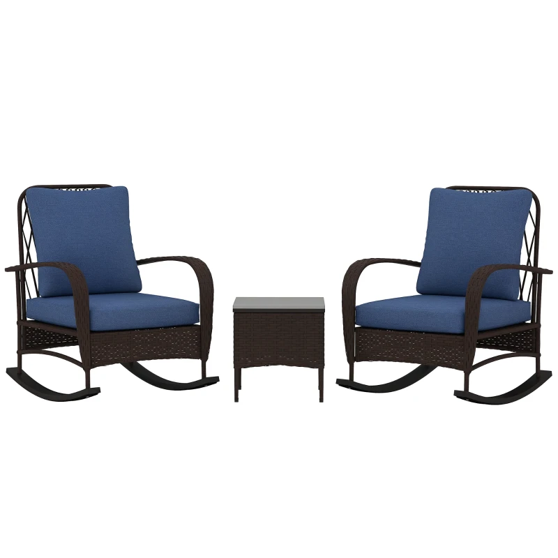 Outsunny 3 Piece Wicker Patio Furniture Set, Outdoor PE Rattan Rocking Chairs with Coffee Table, Cushions for Porch, Brown
