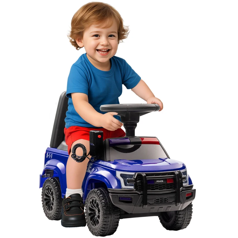 Aosom Kids Push Ride On Car with Working PA System and Horn, Police Truck Style Foot-to-Floor Sliding Car for Boys and Girls with Under-Seat Storage, for 18 Months to 5 Years Old, Blue