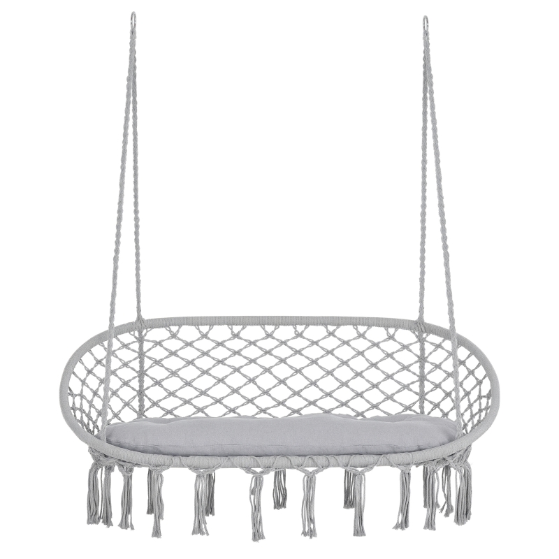 Outsunny 2-Person Hammock Chair Macrame Swing with Soft Cushion, Hanging Cotton Rope Chair for Indoor Outdoor Home Patio Backyard, Light Gray