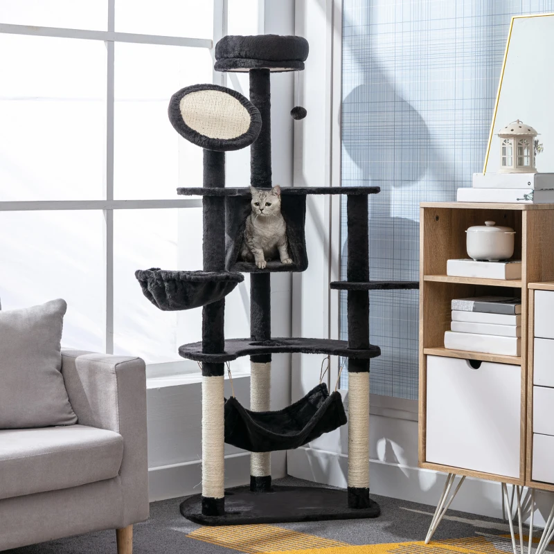 PawHut 60" Multi-Level Plush Cat Tree, Tall Cat Tower with Scratching Posts and 2 Hammocks, Dark Grey