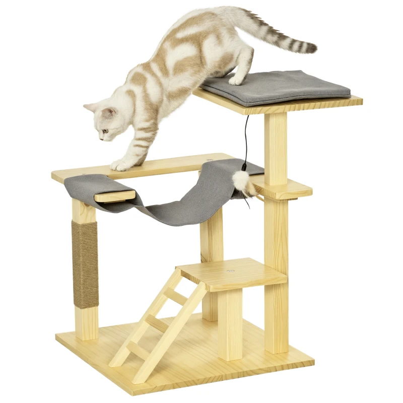 PawHut 25.5" Cat Tree Kitty Activity Center Pinewood Cat Climbing Toy Indoor Outdoor Pet Furniture with Jute Scratching Post Bed Perch Hanging Toy Ladder Cushion Natural