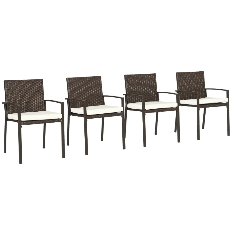 Outsunny PE Rattan Outdoor Dining Chair Set with Cushion, 4 Patio Wicker Dining Chairs with Backrest, Cream White