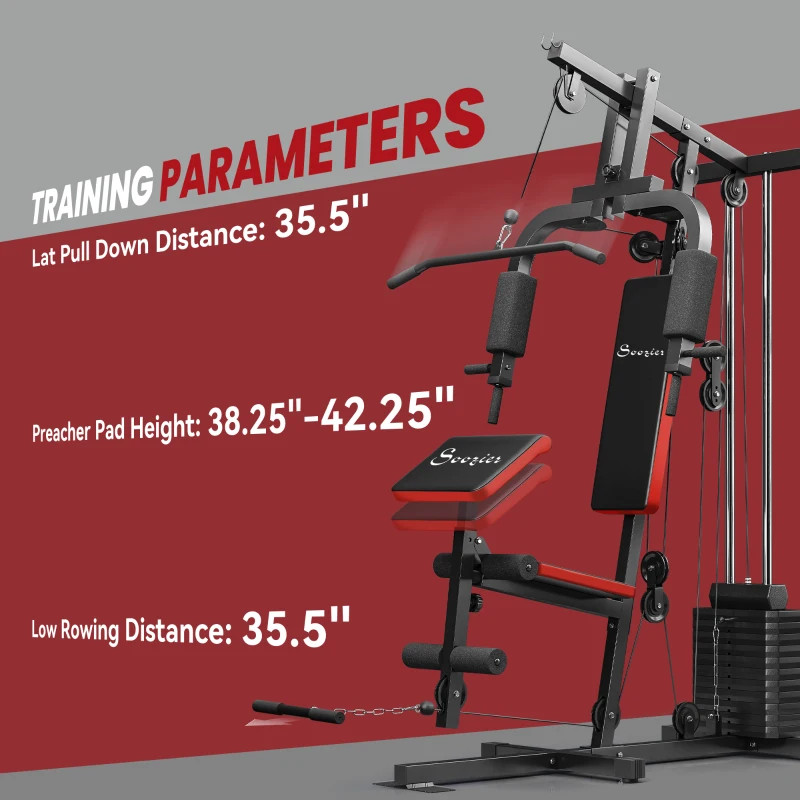 Soozier Home Gym Equipment Weight Training Machine, Multifunction Workout Machine with 143lbs Weight Stack for Full Body Workout and Strength Training, Red