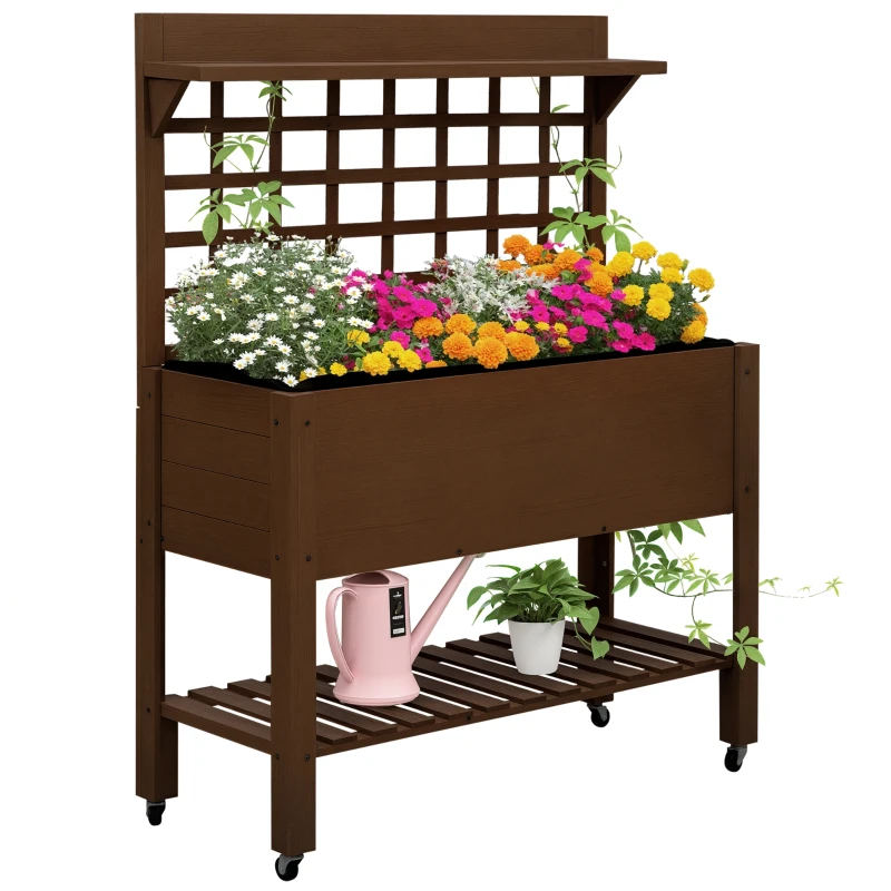 Outsunny 41" Raised Garden Bed Mobile Elevated Wooden Planter Box Stand with Wheels, Trellis and Storage Shelf, Dark Brown