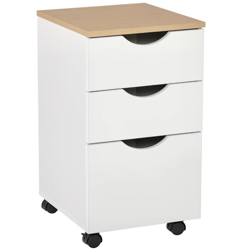 HOMCOM 3-Drawer Storage Cabinet with Wheels for Home Office, White and Natural