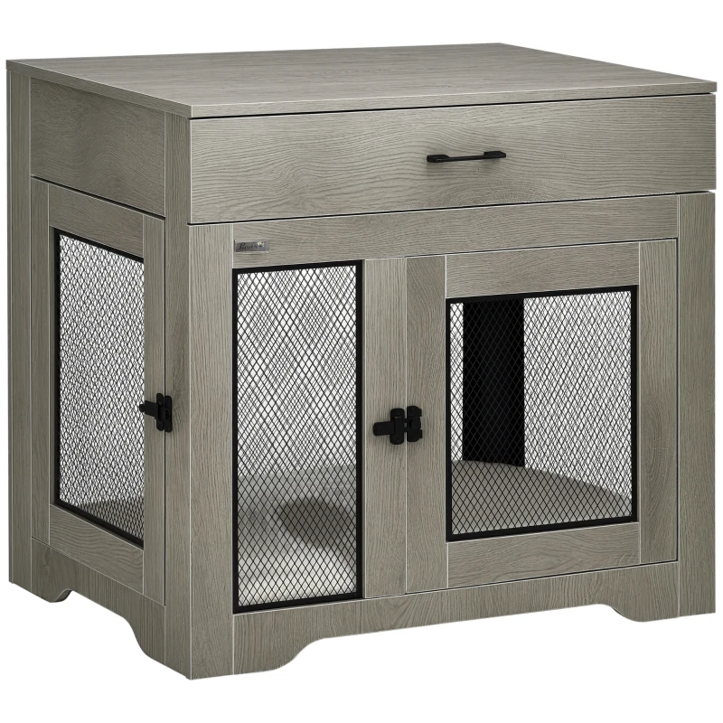 PawHut Dog Crate Furniture with Cushion, 2 Doors, Storage, Dog Kennel End Table for Small Medium Dogs, Grey