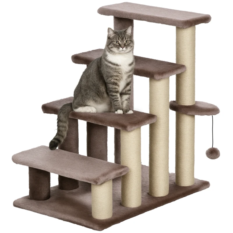 PawHut 4 Levels Cat Steps with Scratching Posts for High Bed, Sofa, Brown