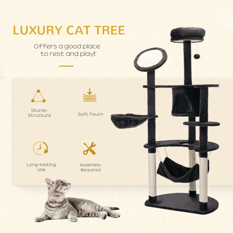 PawHut 60" Multi-Level Plush Cat Tree, Tall Cat Tower with Scratching Posts and 2 Hammocks, Dark Grey