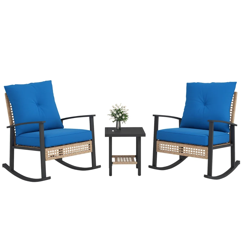 Outsunny 3 Pieces Bistro Set, Patio Wicker Furniture Set with Button Tufted Cushions, Rattan Rocking Chairs, Coffee Table, Blue