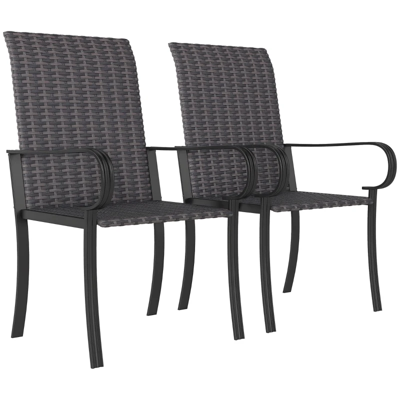 Outsunny Set of 2 Outdoor Wicker Dining Chairs with Armrest, Steel Frame, High Back and Deep Seating, Brown