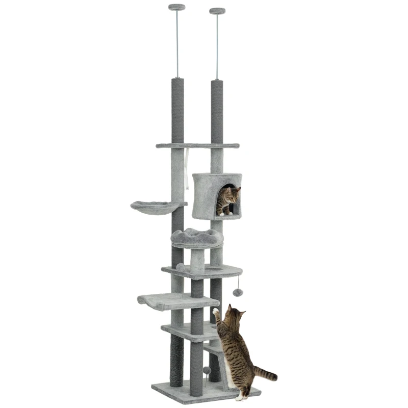 PawHut 89"-100" Floor to Ceiling Cat Tree for Indoor Cats, Activity Center with Cat Perch & Condo, Gray