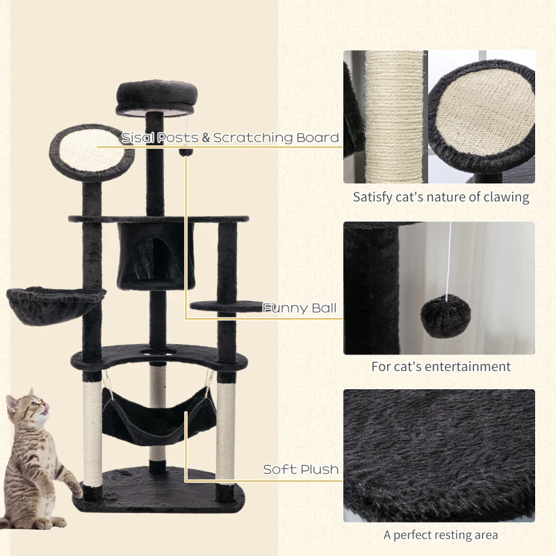 PawHut 60" Multi-Level Plush Cat Tree, Tall Cat Tower with Scratching Posts and 2 Hammocks, Dark Grey