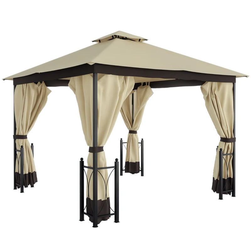 Outsunny 11' x 13' Patio Gazebo, Double Roof Outdoor Gazebo Canopy Shelter with Netting & Curtains, Steel Corner Columns for Garden, Lawn, Backyard and Deck, Beige