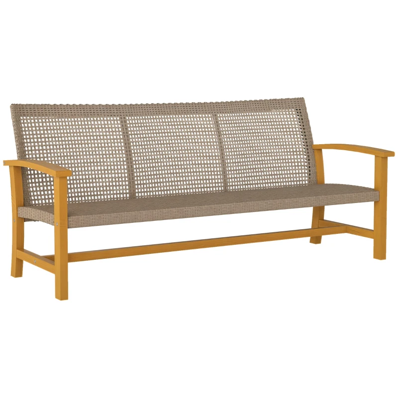 Outsunny 3-Seat Wicker Outdoor Couch Patio Sofa, Acacia Wood Patio Furniture with Steel Seat Armrests, 1000 LBS Capacity, Teak