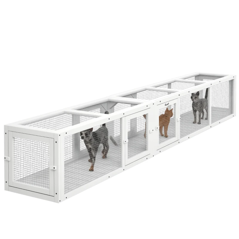 PawHut Wooden 98" Cat Tunnel for Outdoor with Combinable Design, 8 Doors, White