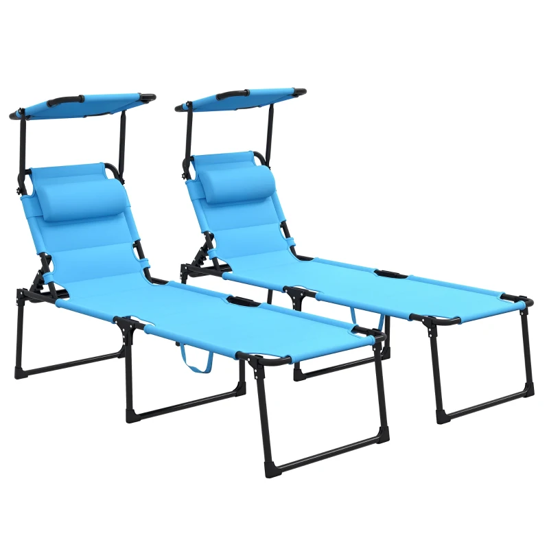 Outsunny 2 Pcs Outdoor Lounge Chair, 4 Position Adjustable Backrest, Folding, Cushioned w/ Sun Shade Roof & Pillow, Blue