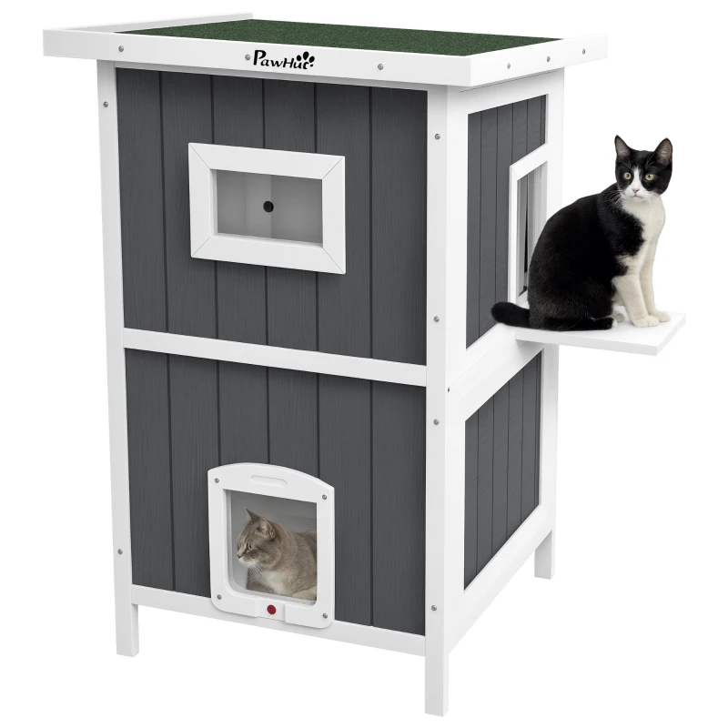 PawHut Outside Cat House Wooden Feral Cat House w/ Weatherproof Roof, Removable Floor, Escape Doors, for 1-2 Cats, Gray