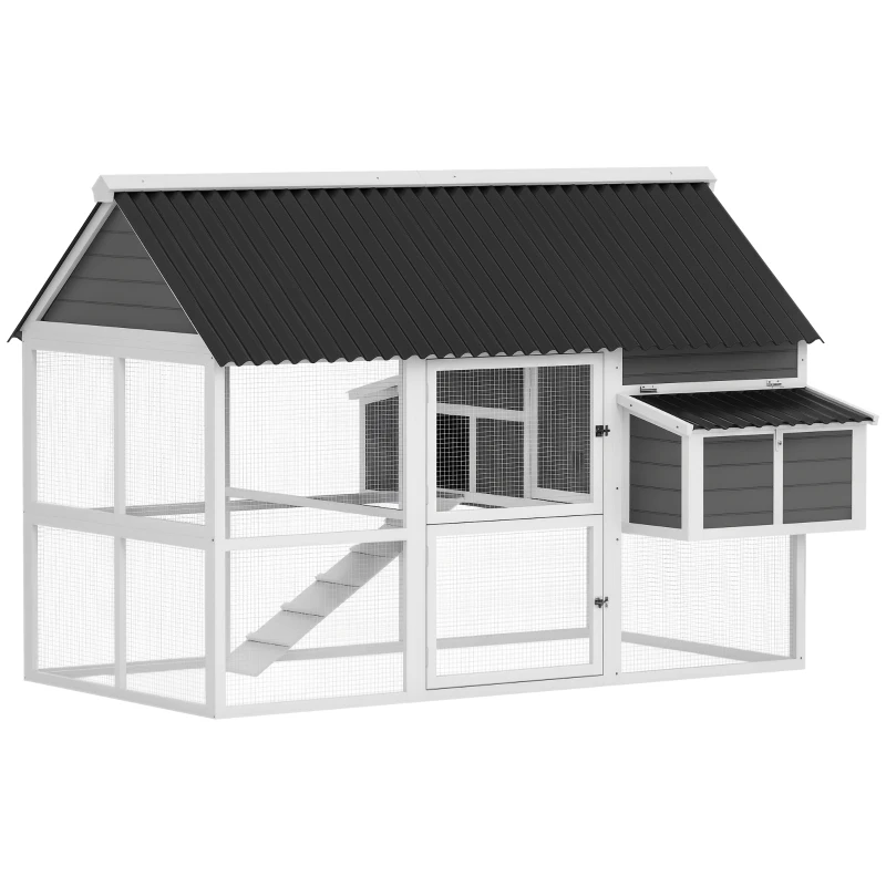 PawHut Wooden Chicken Coop with Run, 2 Nesting Boxes, 2 Roosting Bars, Ramp & Tray, Poultry Cage for 6-8 Chickens, Gray
