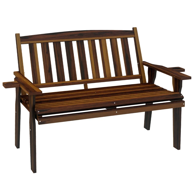 Outsunny Wood Outdoor Bench, Garden Bench w/ Cupholder Armrests, Slatted Seat & Backrest, Park Bench for Patio, Porch, Carbonized