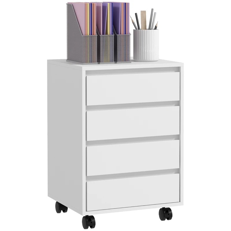 HOMCOM 4 Drawer File Cabinet, Vertical Filing Cabinet with Wheels, Modern Printer Stand for Home Office, White