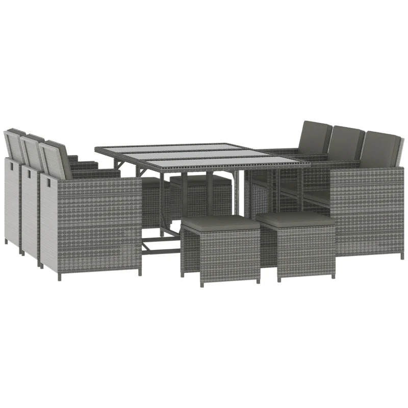 Outsunny 11 Pieces Outdoor Dining Set for 10, Space Saving Wicker Chairs and Glass Table with Cushions and Ottomans, Rattan Conversation Patio Furniture Set for Garden Backyard Deck, Dark Gray