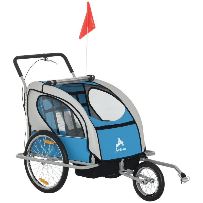 Aosom Elite Three-Wheel Bike Trailer for Kids Bicycle Cart for Two Children with 2 Security Harnesses & Storage, Blue