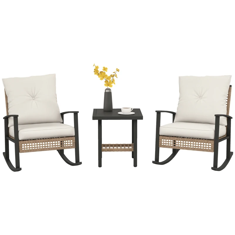 Outsunny 3 Pieces Bistro Set, Patio Wicker Furniture Set with Button Tufted Cushions, Rattan Rocking Chairs, Coffee Table, White