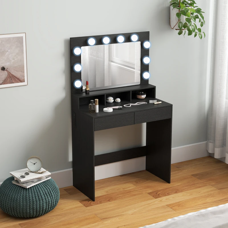 HOMCOM Vanity Table, Makeup Dressing Table with LED Lighting Mirror, Charging Station and Drawers for Bedroom, Black