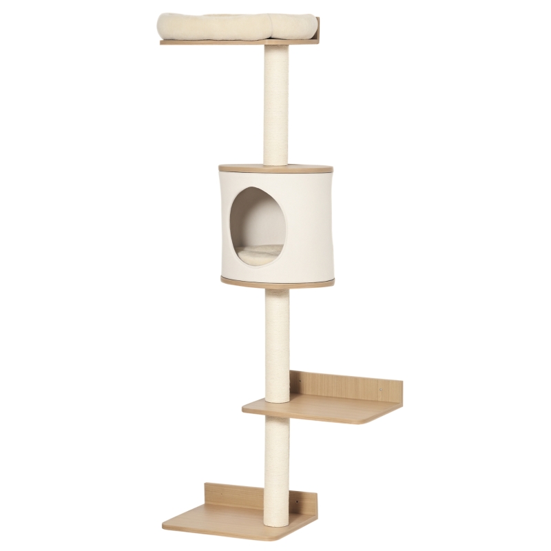 PawHut Cat Tree Pet Wall-mounted Climbing Frame Shelf Kitten Perch Activity Center Condo Bed Scratching Post Light Brown