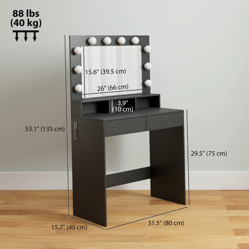 HOMCOM Vanity Table, Makeup Dressing Table with LED Lighting Mirror, Charging Station and Drawers for Bedroom, Black