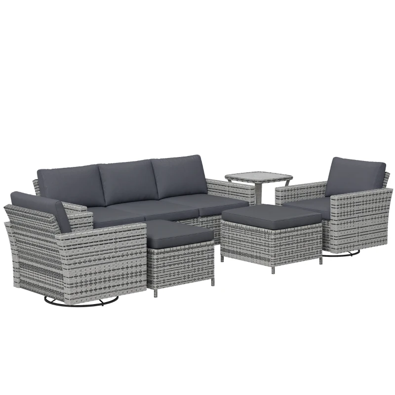 Outsunny 6-Piece Rattan Patio Furniture Set with 3-Seater Sofa, Swivel Rocking Chairs, Footstools, 2 Tier Table, Mixed Gray