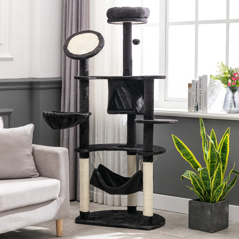 PawHut 60" Multi-Level Plush Cat Tree, Tall Cat Tower with Scratching Posts and 2 Hammocks, Dark Grey