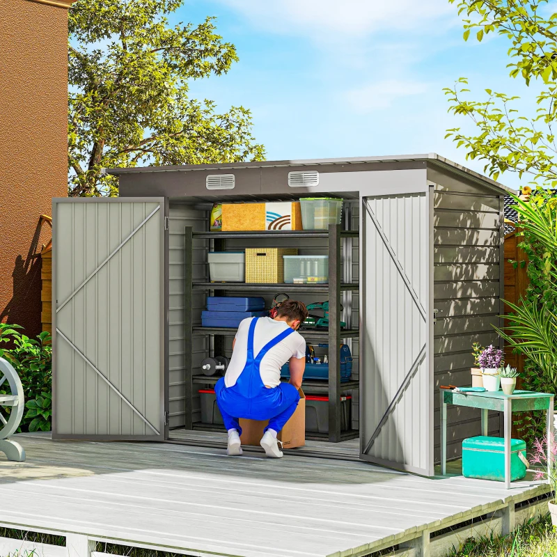 Outsunny 8 x 4FT Galvanized Garden Storage Shed, Metal Outdoor Shed with Double Doors and 2 Vents, Light Grey
