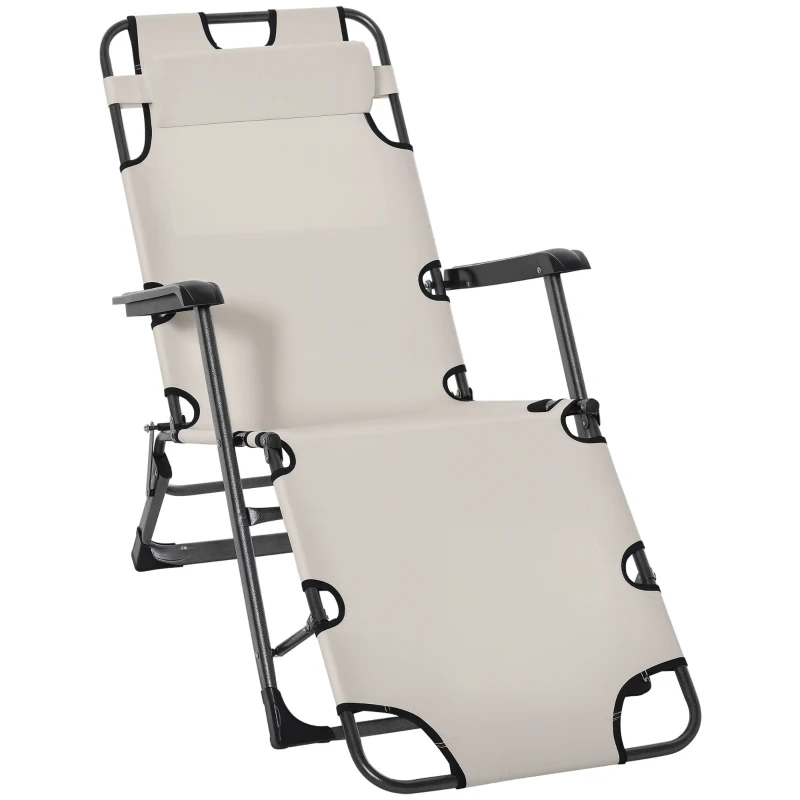 Outsunny Folding Chaise Lounge Chair for Outside, 2-in-1 Tanning Chair with Pillow & Pocket, Adjustable Pool Chair for Beach, Patio, Lawn, Deck, Cream White