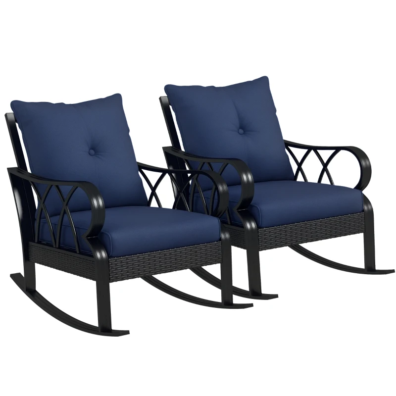 Outsunny 2 Piece Outdoor Wicker Rocking Chairs Rattan Porch Rockers with Cushions, Aluminum Frame for Garden, Patio, Blue