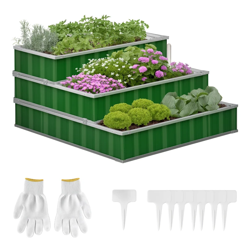 Outsunny 3 Tier Raised Garden Bed Outdoor Metal Patio Planter Box with Gloves, 4' x 4' x 2' for Backyard, Patio to Grow Vegetables, Herbs, and Flowers, Green
