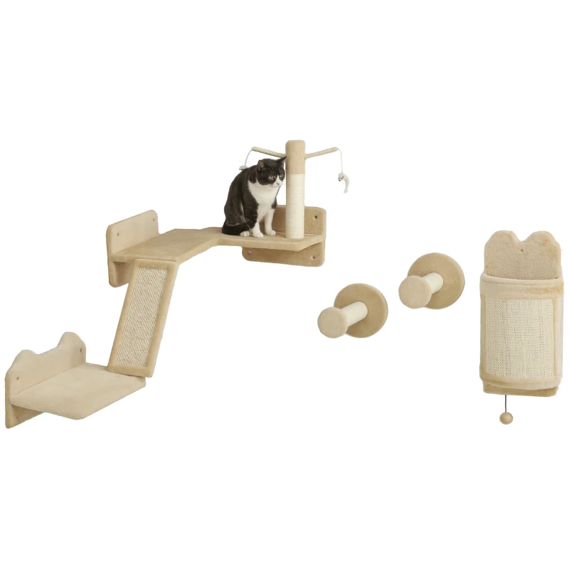 PawHut 4pc Corner Design Cat Wall Shelf with Scratching Post, Scratching Board, Perches, Cat Wands & Toy Ball, Beige