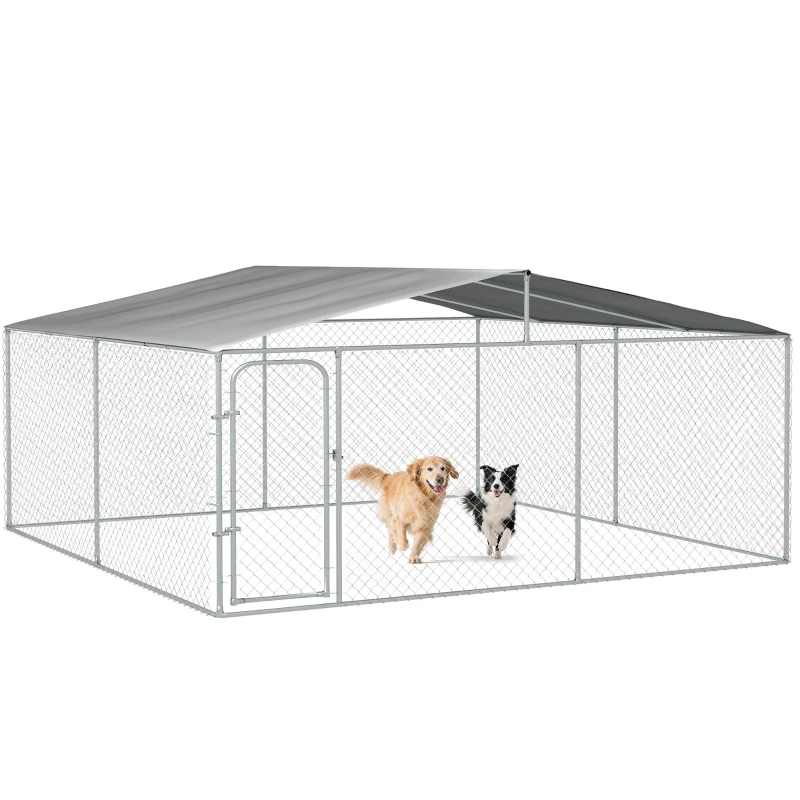 PawHut Dog Kennel Outdoor, Heavy Duty Playpen with Secure Lock, Cover, for Backyard & Patio, 15.1' x 15.1' x 7.5'