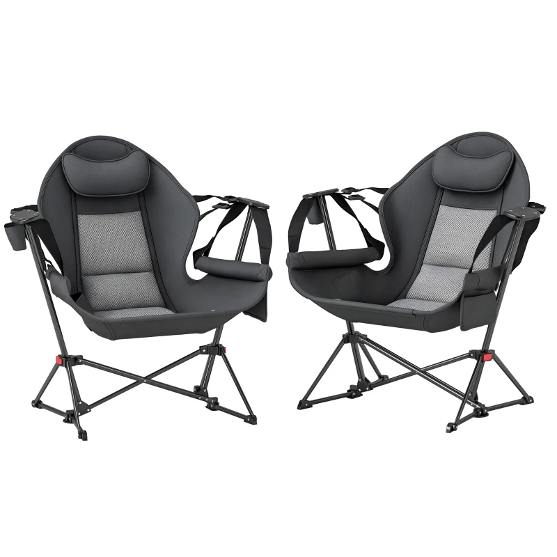 Outsunny Hammock Camping Chair Set of 2, Adjustable Back Folding Swinging Hammock Chair with Cup Holder and Padded Seat, Gray