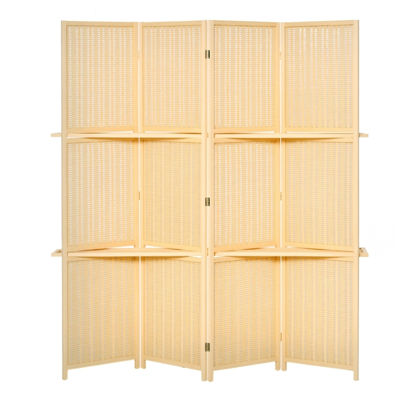 HOMCOM 4-Panel Folding Room Divider, 6 Ft Freestanding Bamboo Privacy Screen Panel with Storage Shelves for Bedroom or Office, Natural Wood Color