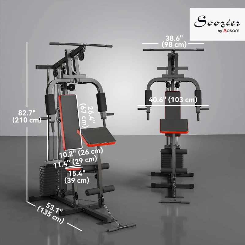 Soozier Home Gym Equipment Weight Training Machine, Multifunction Workout Machine with 143lbs Weight Stack for Full Body Workout and Strength Training, Red