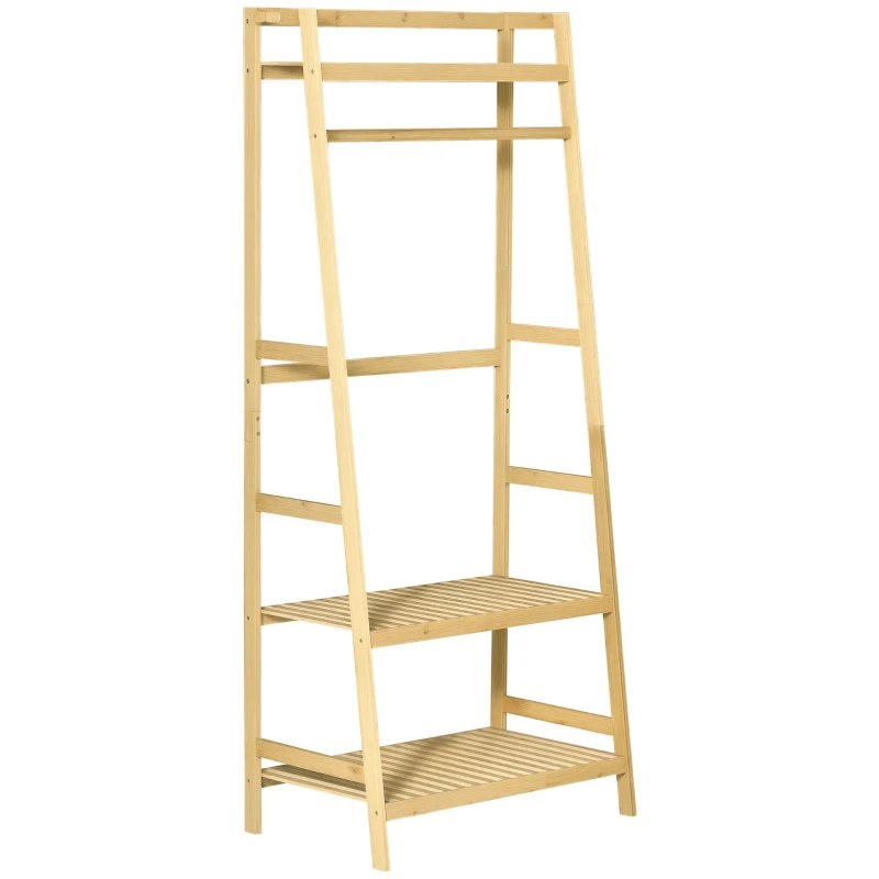 HOMCOM Bamboo Garment Rack, Freestanding Wooden Clothing Rack with 3 Tier Storage Shelves, Hooks and Hanging Rail for Entryway, Bedroom and Office, Natural