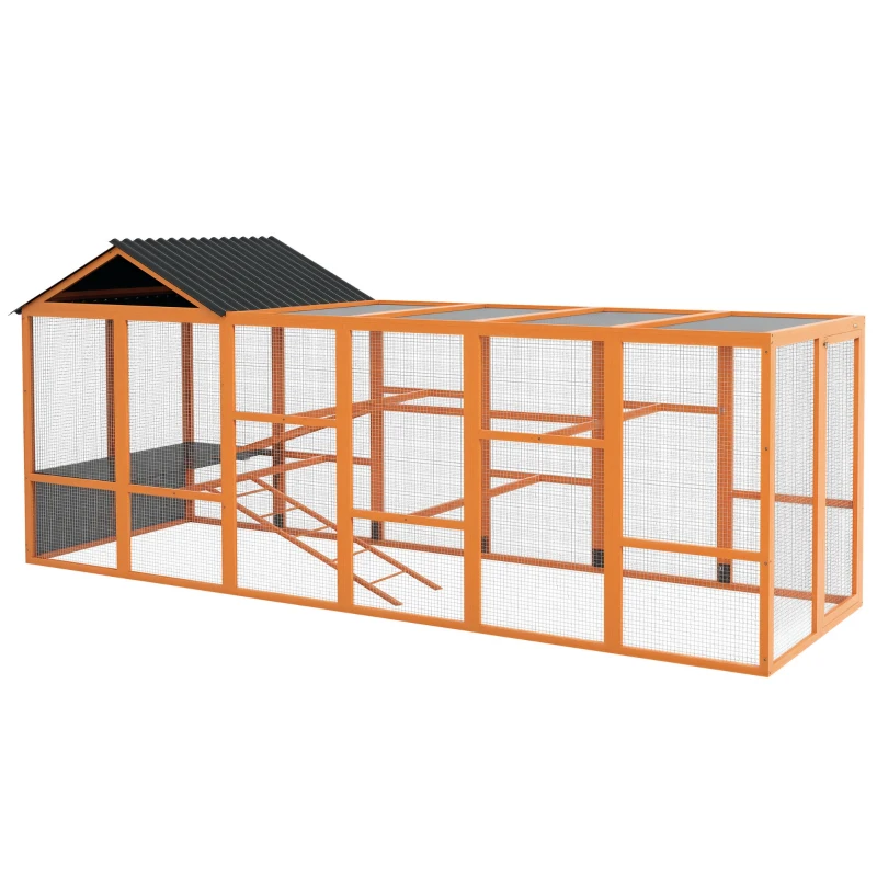 PawHut Wooden Chicken Coop Run for 6 - 10 Chickens, Hen House Add-On with Storage, Perches, 141.75" x 48" x 61", Orange